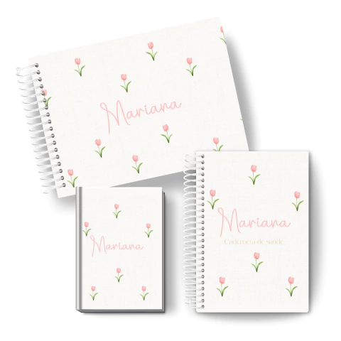 Combo Memórias - (Caderneta + Mini Porta Documentos + Livro do bebê) - Tulipas - comprar online