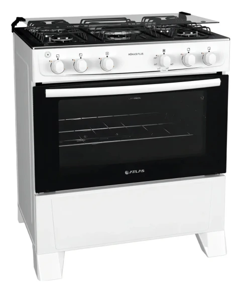 Fogão 5 Bocas Atlas Mônaco Plus Branco com Mesa Inox e Acendimento Automático Bivolt