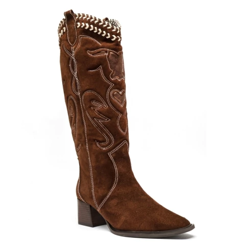 Bota Western com Bordados a mão e costuras em Contraste em Couro Camurça Brownie