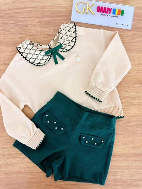 Conjunto Blusa Manga Longa e Short Infantil Milon 2001508 (Bege/Verde)