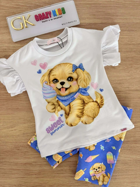 Conjunto Blusa e Bermuda Biker Infantil Menina Kukiê 96679 (Off White/Azul)
