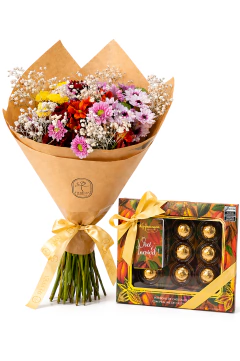 Buquê de Margaridas + Flor do Campo + Mosquitinho + Chocolate Coleção Specialle Viermon 117g