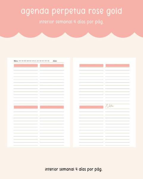 Agenda rose gold perpetua - semanal 4 días por página - comprar online