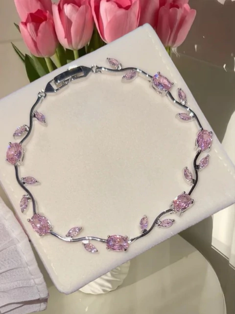 Bracelete Viéra Prata com pedras Rosas - comprar online