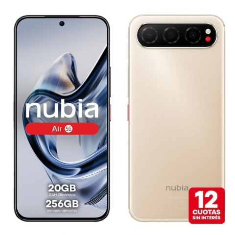 Celular Nubia Air 5G color dorado claro, ultraliviano y ultrarresistente, con 256GB de almacenamiento y 8GB de RAM, mostrado de frente y dorso.