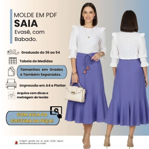 Molde em PDF: Saia evasê com babado.