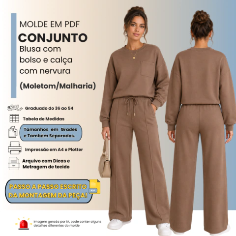 Molde em PDF: Conjunto Blusa com bolso e calça reta