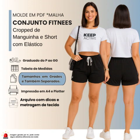 Molde em PDF: Conjunto Fitness - Cropped de Manguinha e Short com Elástico