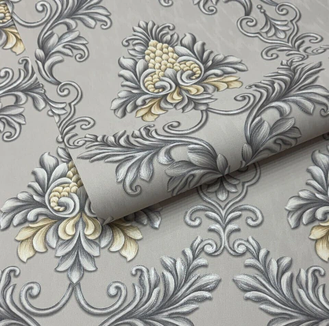 Papel de Parede Vinílico Arabesco Grande Damask Prateado - PDD9901