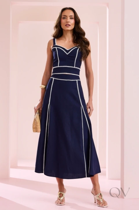 CONJUNTO MIDI TOP E SAIA EM VISCOLINHO AZUL MARINHO - ARTSY