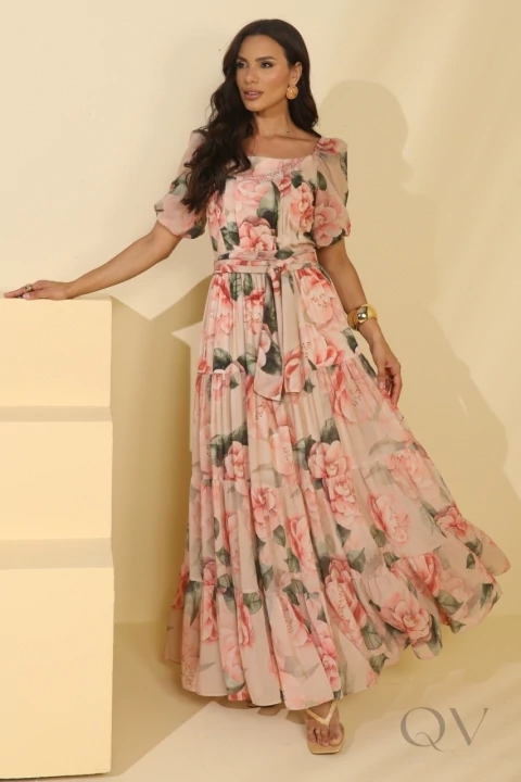 VESTIDO FLORAL EM MUSSELINE COM TOQUE DE SEDA ESTAMPADO - JANY PIM - comprar online