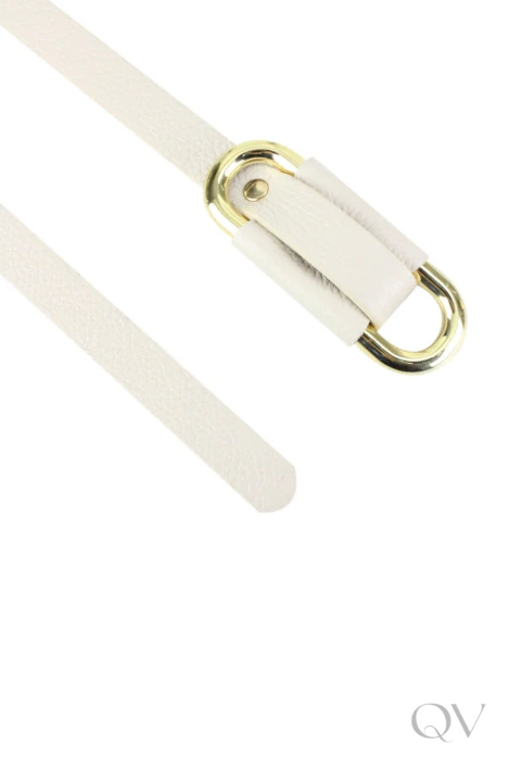 CINTO FINO COM FIVELA DUPLA RETANGULAR DE METAL EM COURO OFF WHITE - QVESTIDO