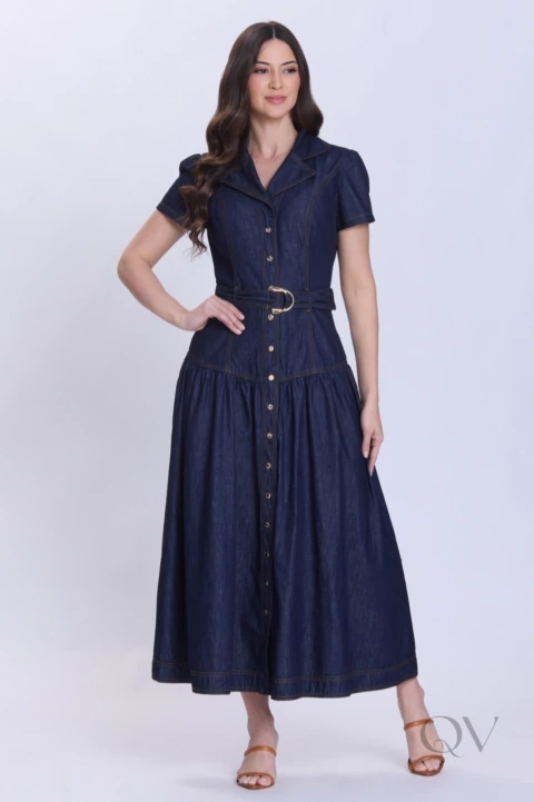 VESTIDO CHEMISE GODÊ COM GOLA EM JEANS AZUL ESCURO - HAPUK