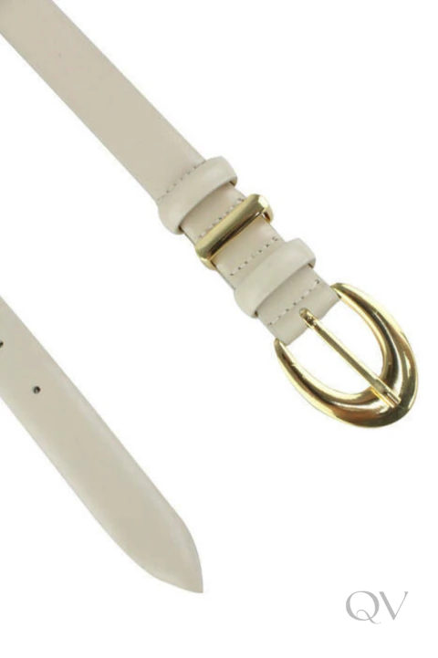 CINTO METALIZADO EM COURO LISO OFF WHITE - QVESTIDO