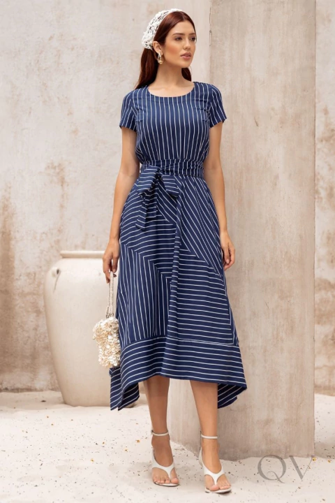 VESTIDO MIDI LISTRADO EM CAMISARIA SPANDEX AZUL MARINHO - JANY PIM - comprar online
