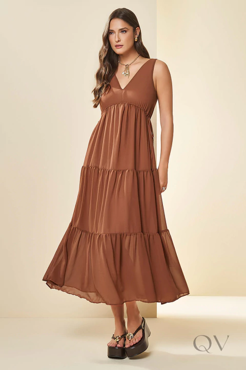 VESTIDO MAXI MIDI SEM MANGA EM PLANO MARROM - DOCE TRAMA - comprar online