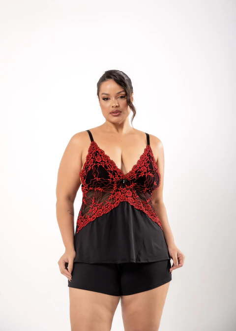 Baby Doll Microfibra Premium Plus Size 003 (preto c/ vermelho)