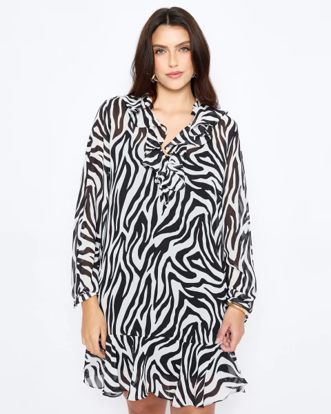 Vestido Crepe Estampado Babado Preto