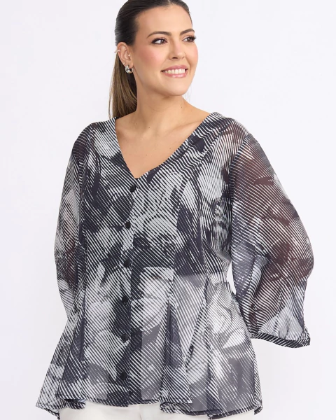 Blusa Crepe Recortes Decote V Preto