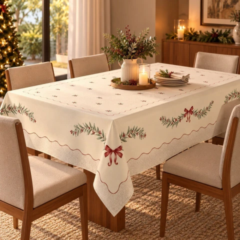 Toalha de Mesa Natalina Retangular 6 Lugares Döhler Clean 160x230cm Impermeável Limpa Fácil