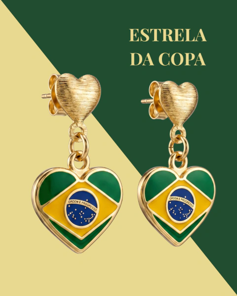 Brinco Pendente Coração Bandeira do Brasil Esmaltado