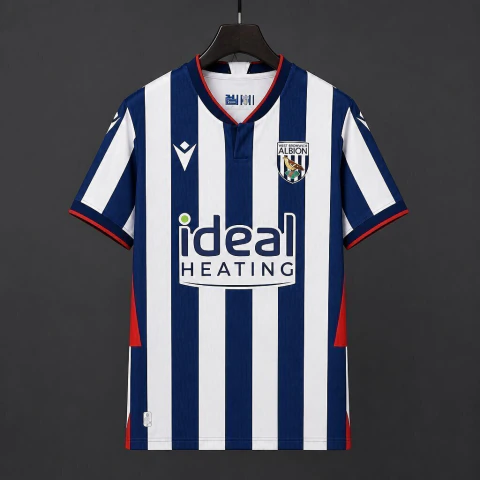 Camisa West Brom I 26/27 - Torcedor Puma Masculina - Azul marinho e branca listrada e detalhes em vermelho