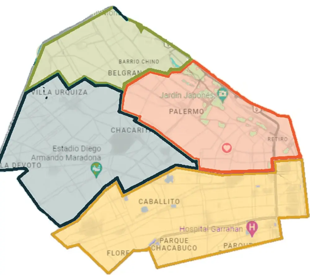 Mapa de zonas de entrega en CABA: martes, miércoles, jueves y viernes