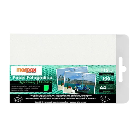 Papel Fotográfico Brilhante 115g A4 210X297mm Marpax 100fls