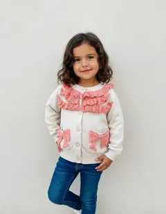 Cardigan Saco Beige Volado Rosa Niña Little Akiabara T.1