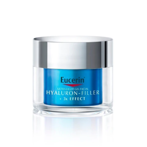 Frasco del gel facial Eucerin Hyaluron-Filler + 3x Effect Ultra-Light de 50 ml con tapa plateada y envase azul