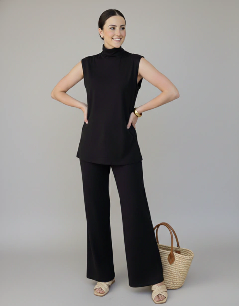 Conjunto Feminino Pandora Wide Leg e Blusa Gola Média - Black - comprar online