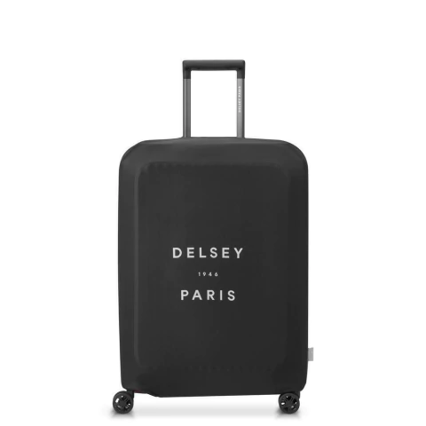 Maleta mediana cubierta con funda negra elástica Delsey Paris para protección contra rayones y polvo