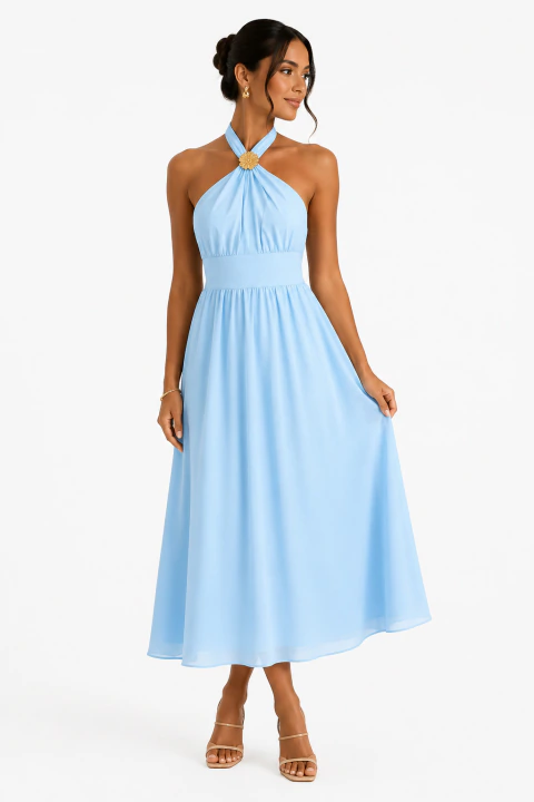 Vestido Midi D Bell Outlet Fashion Decote Halter Azul Claro