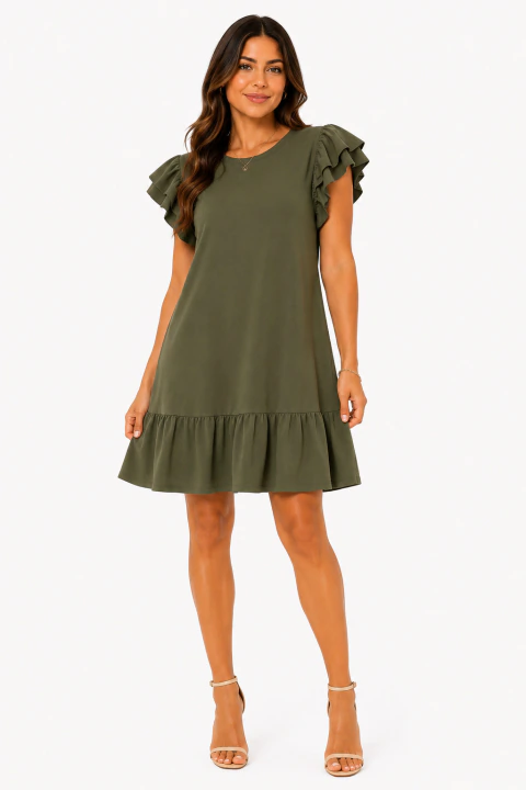 Vestido Curto D Bell Outlet Fashion Babados Verde Militar