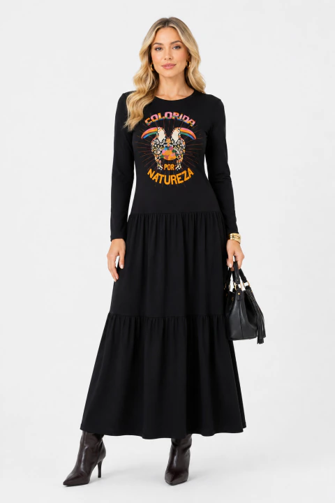 Vestido Midi D Bell Outlet Fashion Manga Longa Preto