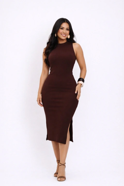 Vestido Midi D Bell Outlet Regata Com Fenda Marrom