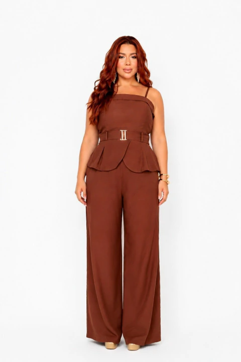 Conjunto Plus Size Feminino D Bell Outlet Fashion Alfaiataria Cinto Marrom