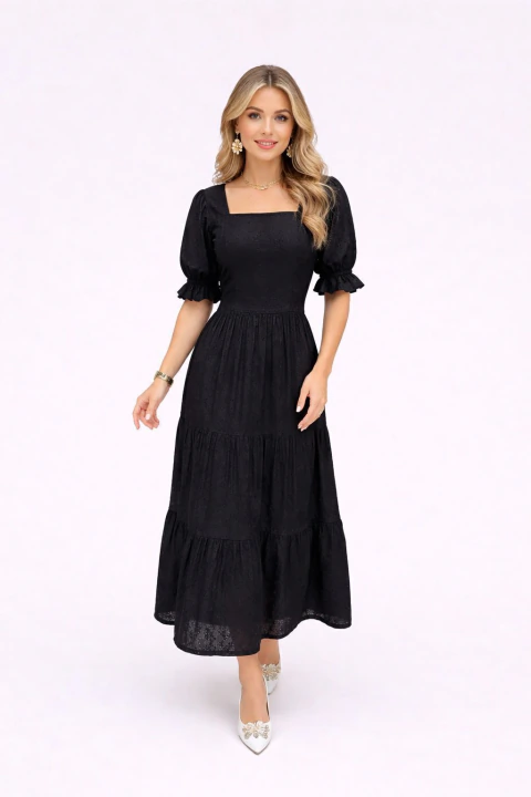 Vestido Longo D Bell Outlet Fashion Manga Bufante Lese Bordado Preto