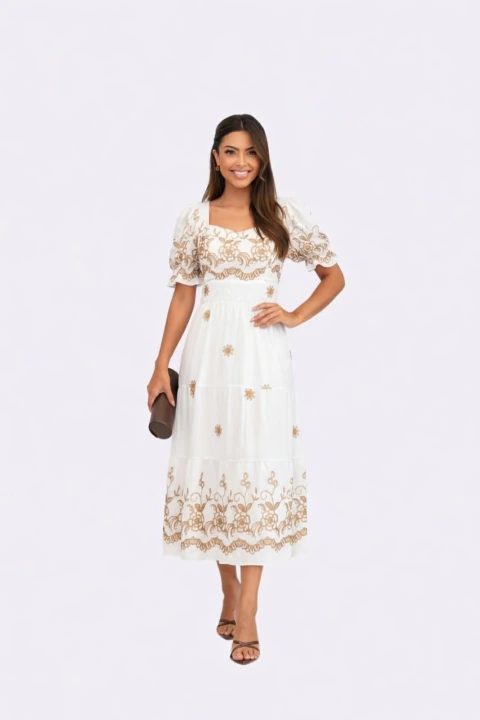 Vestido Midi D Bell Outlet Fashion Viscomida Bordado Branco