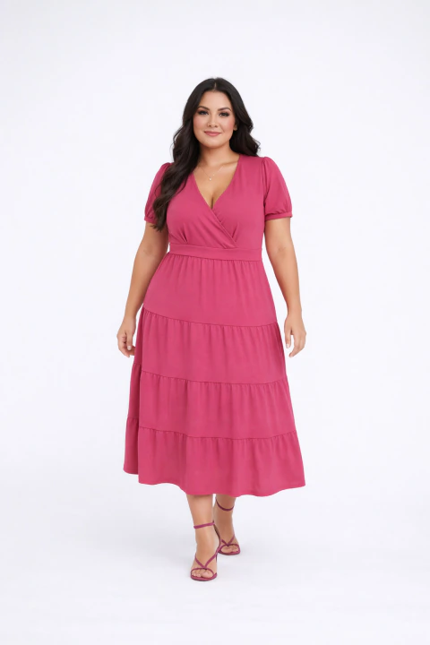 Vestido Longo D Bell Outlet Fashion Manga Bufante Rosa