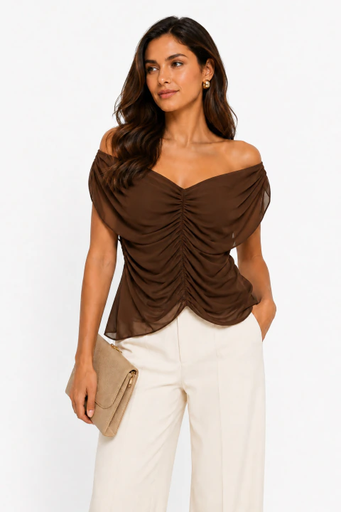 Blusa Tule D Bell Outlet Fashion Drapeada Marrom