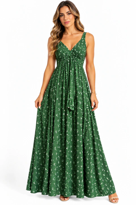 Vestido Longo Fluido D Bell Outlet Fashion Floral Miúda verde