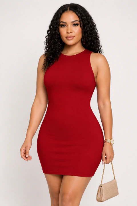 Vestido Curto D Bell Outlet Fashion Feminino Canelado Elástico Gola Redonda Vermelho