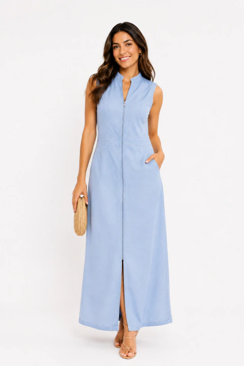Vestido Midi D Bell Outlet Fashion Marrant Zíper Frontal Azul Claro