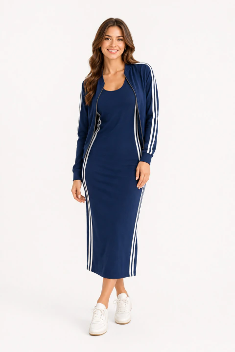 Conjunto Midi D Bell Outlet Fashion Vestido e Jaqueta Azul Marinho