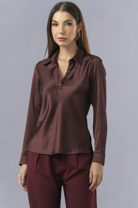Blusa Cetim Alfaiataria Manga Longa Camisa - Marrom