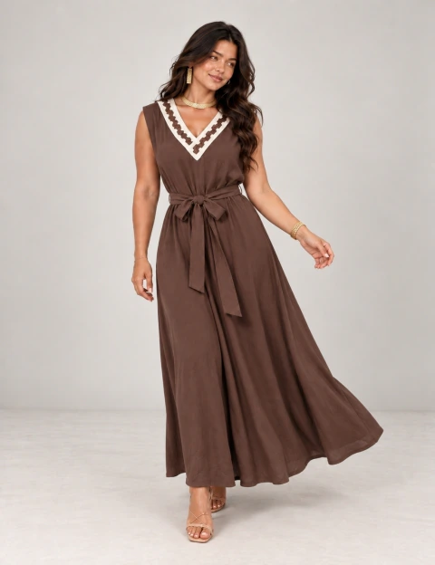Vestido Isadora Macramê Marrom