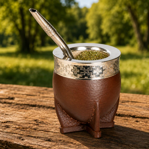 Mate imperial de calabaza revestido en cuero marrón con virola de alpaca decorada. Bombilla de regalo