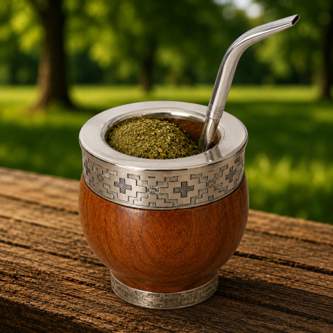 Mate imperial de algarrobo torneado con base, fleje y virola de alpaca labrada, acompañado de bombilla de regalo