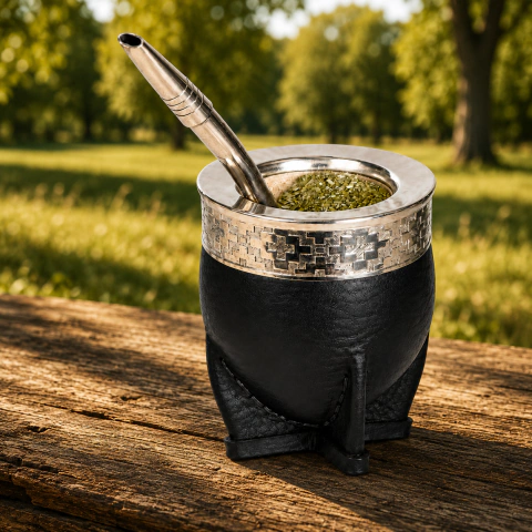 Mate imperial de calabaza revestido en cuero negro con virola y fleje cincelado de alpaca, acompañado de una bombilla de acero de regalo